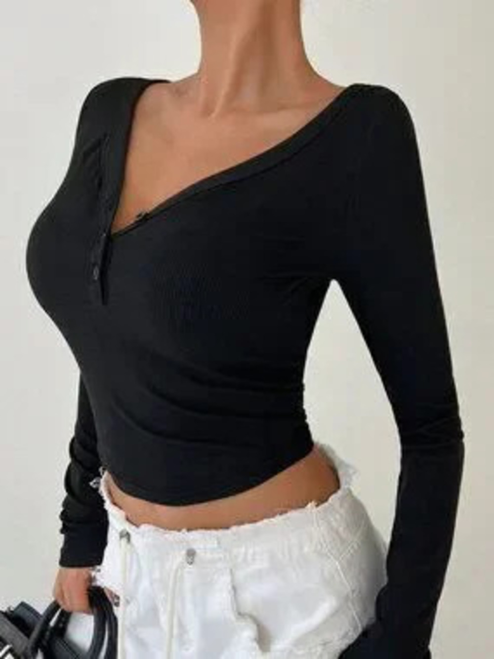 Black Casual Women's V-Neck Button Up Tight Long Sleeve T-Shirt With Curved Hem